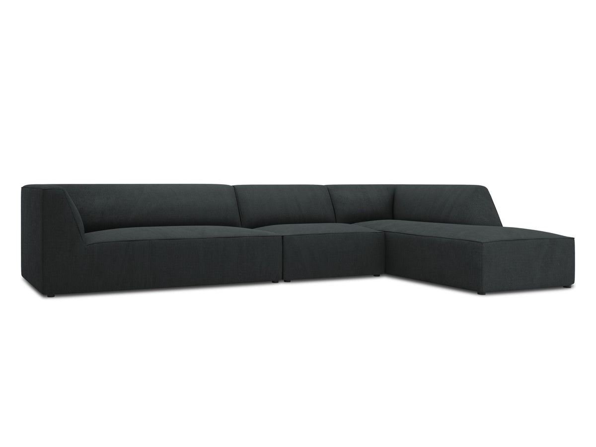 Modulares Ecksofa Siena in Light Beige-Scala mit Cordstoff-Bezug, schwarzen Kunststoffbeinen und Récamiere, 5-Sitzer Ausführung von Cosmopolitan Design.