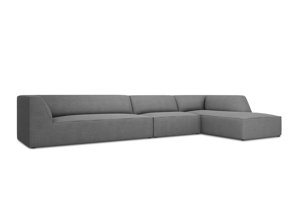 Modulares Ecksofa Siena in Light Beige-Scala mit Cordstoff-Bezug, schwarzen Kunststoffbeinen und Récamiere, 5-Sitzer Ausführung von Cosmopolitan Design.