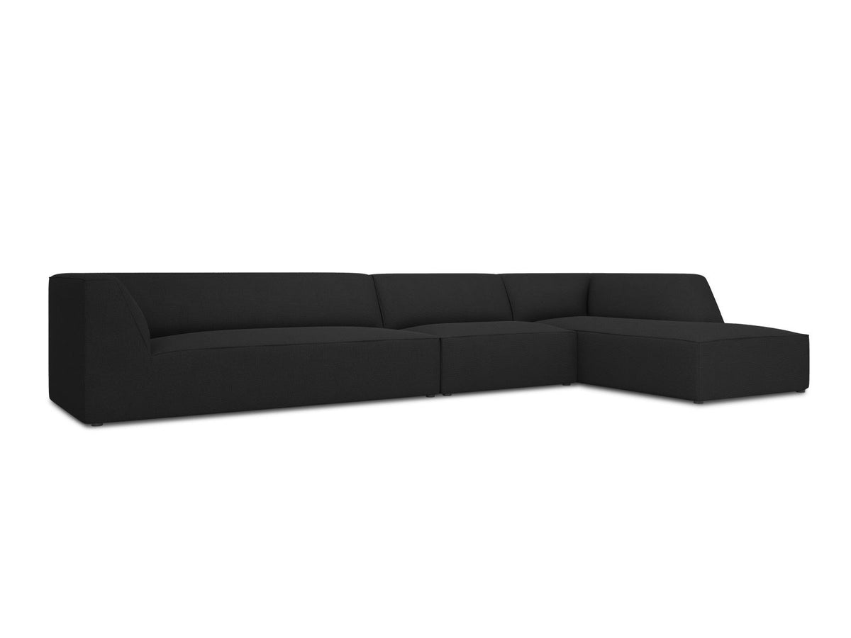 Modulares Ecksofa Siena in Light Beige-Scala mit Cordstoff-Bezug, schwarzen Kunststoffbeinen und Récamiere, 5-Sitzer Ausführung von Cosmopolitan Design.