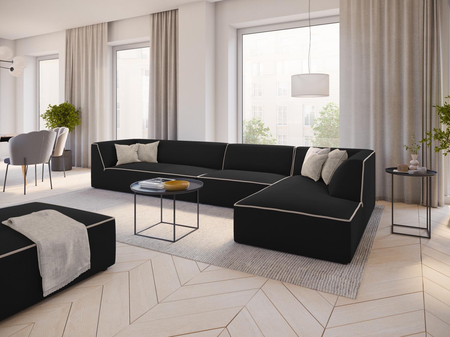 Oslo Modular Ecksofa rechts 5 Sitzer in Black, Grey Beige Melange präsentiert im Onlineshop von KAQTU Design AG. Ecksofa rechts ist von Cosmopolitan Design