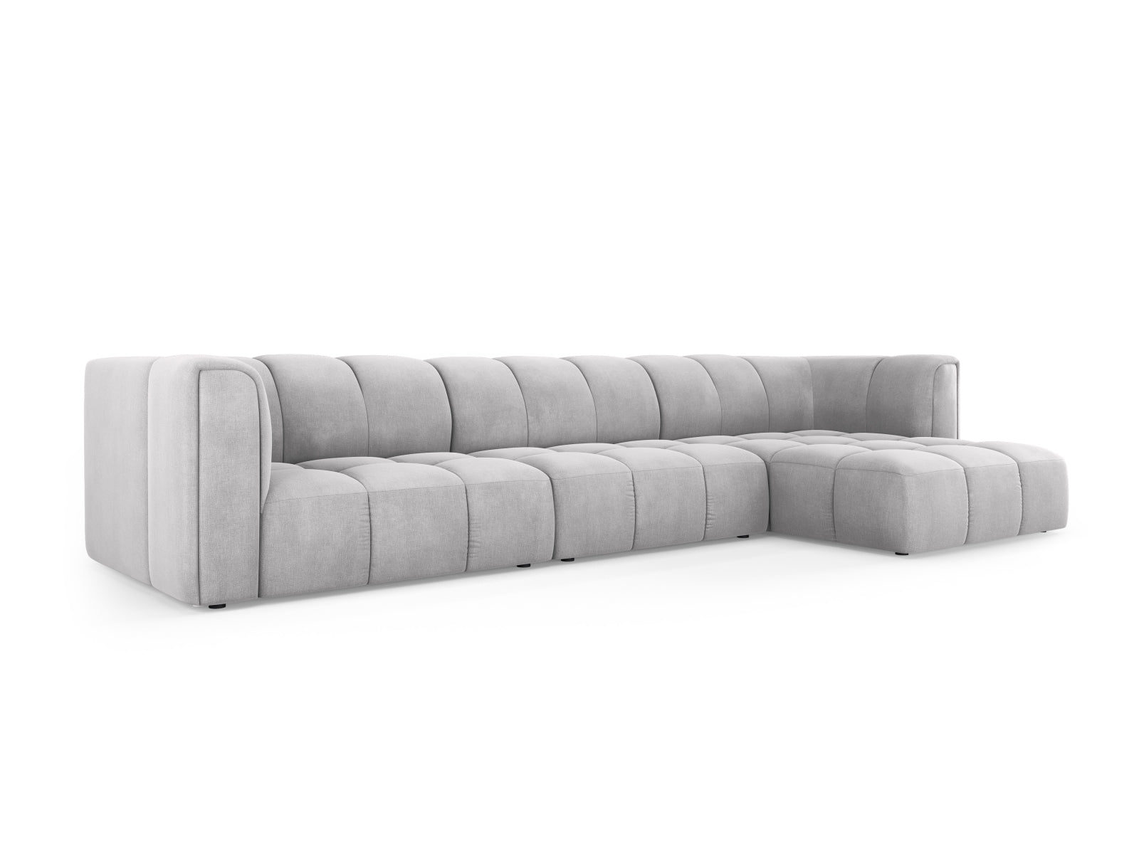 Modernes 5-Sitzer Ecksofa Moritz in hellem Grau, ideal für stilvolle Wohnräume. Komfortabel und elegant, perfekt für entspannte Abende.