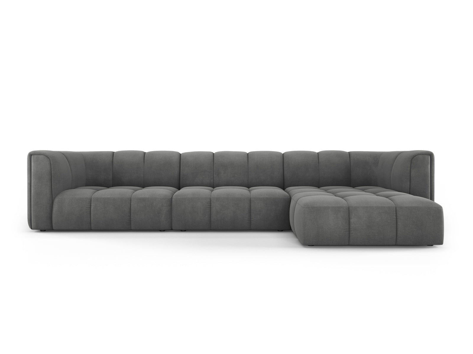 Modernes 5-Sitzer Ecksofa Moritz in elegantem Dunkelgrau, perfekt für gesellige Runden und gemütliche Stunden im Wohnzimmer.