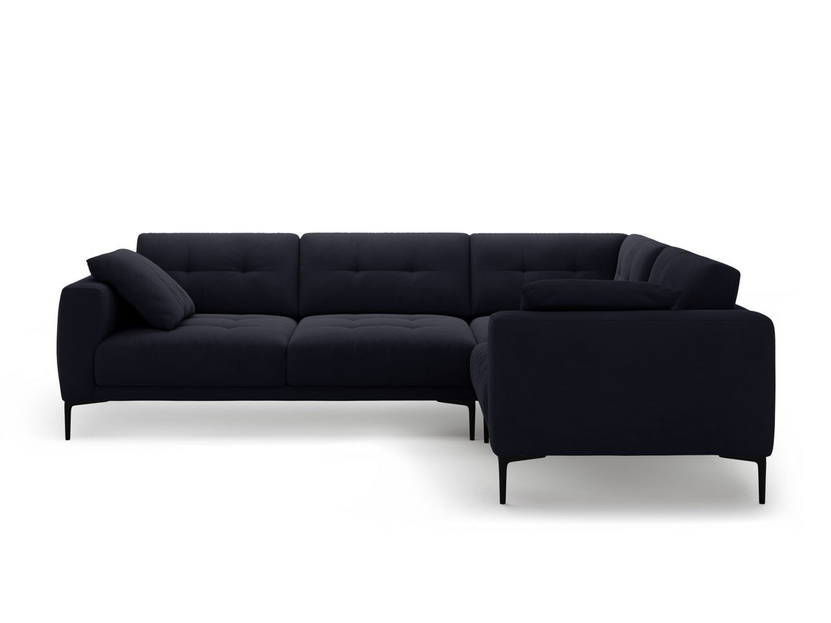Beiges Samtsofa Lazio mit Récamiere rechts, schwarzen Metallbeinen und Massivholzrahmen, 4-Sitzer, 194 cm tief, von Cosmopolitan Design.