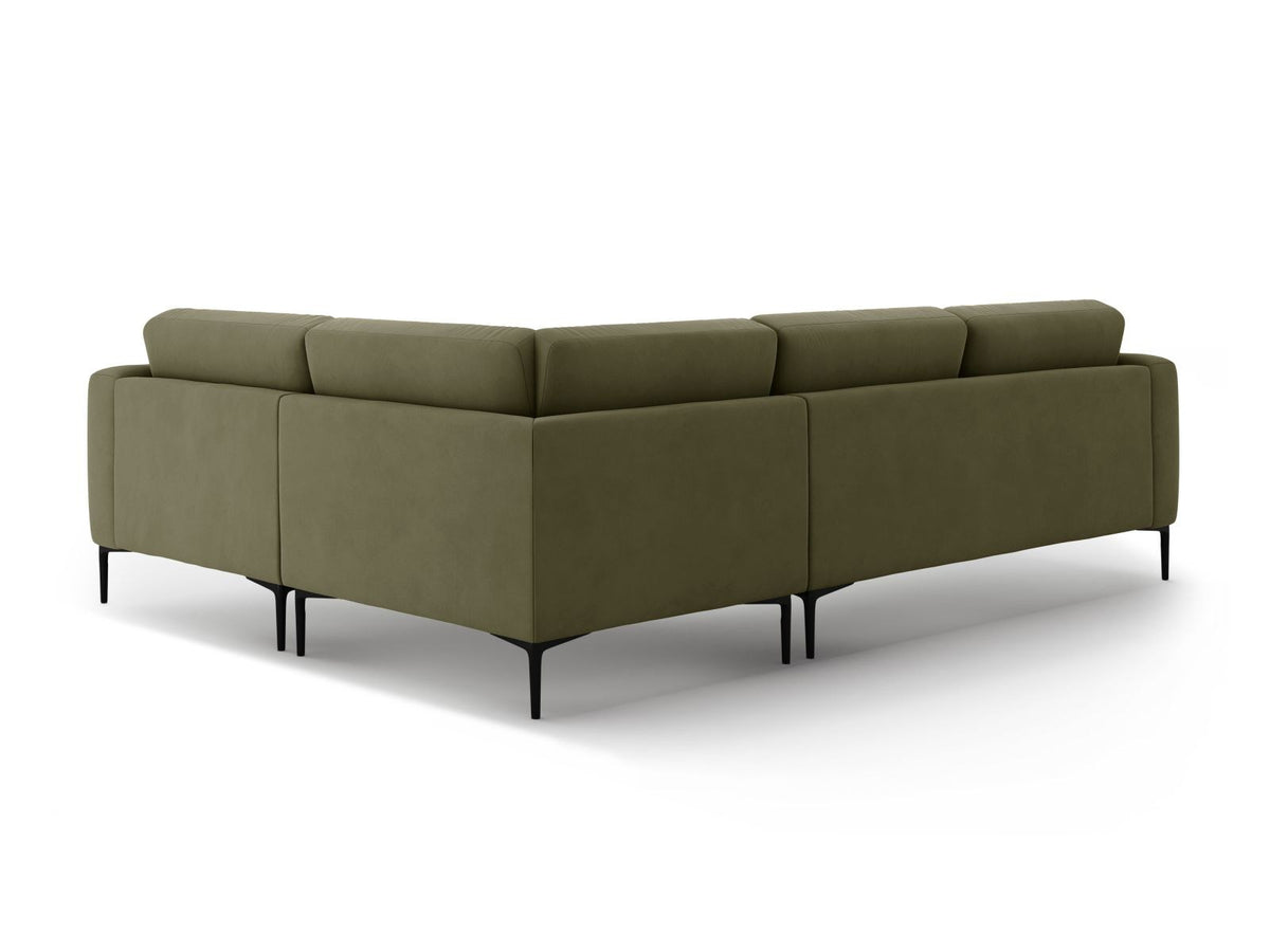 Beiges Samtsofa Lazio mit Récamiere rechts, schwarzen Metallbeinen und Massivholzrahmen, 4-Sitzer, 194 cm tief, von Cosmopolitan Design.