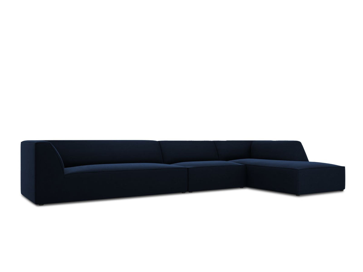 Modulares Ecksofa rechts mit Samtbezug in Beige-Salvador, Récamiere, Massivholzrahmen und schwarzen Kunststoffbeinen, 5-Sitzer Ausführung.