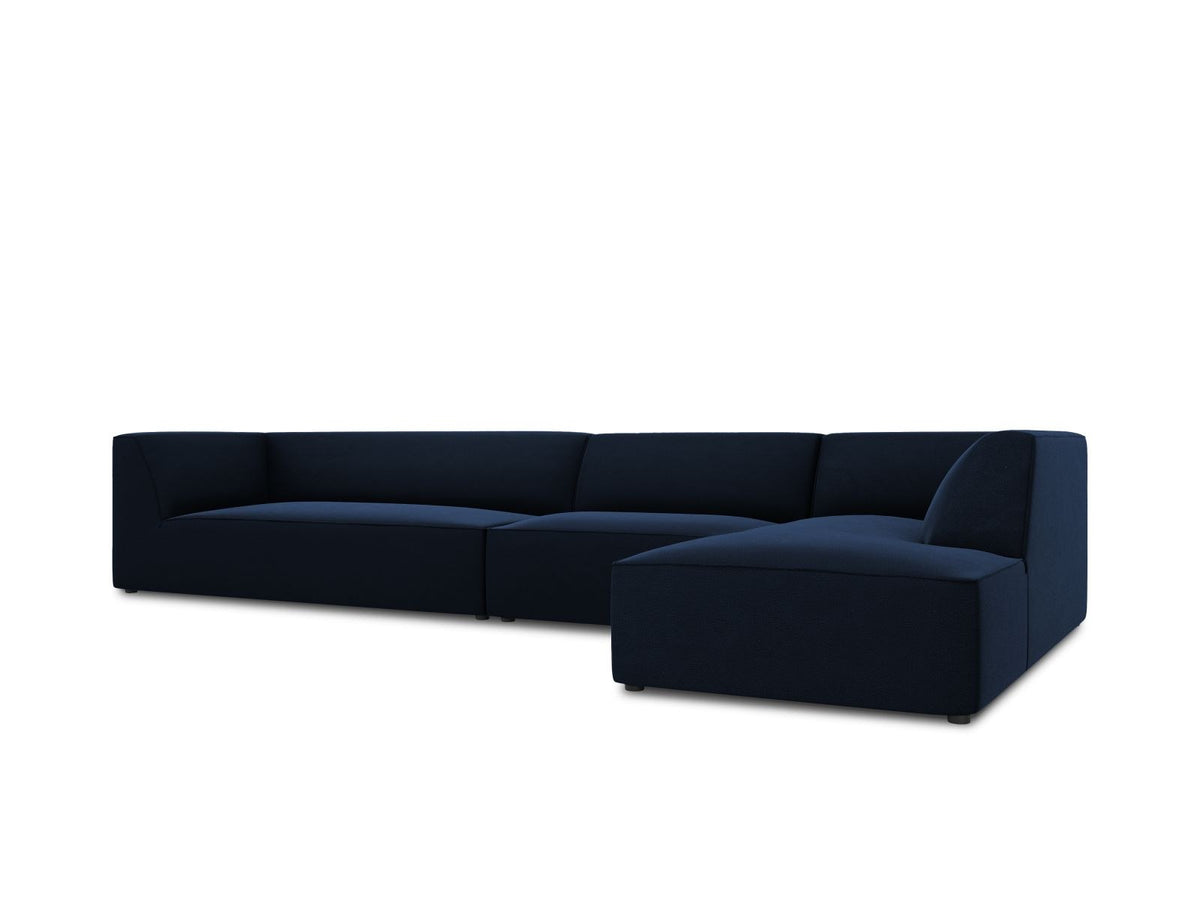 Modulares Ecksofa rechts mit Samtbezug in Beige-Salvador, Récamiere, Massivholzrahmen und schwarzen Kunststoffbeinen, 5-Sitzer Ausführung.