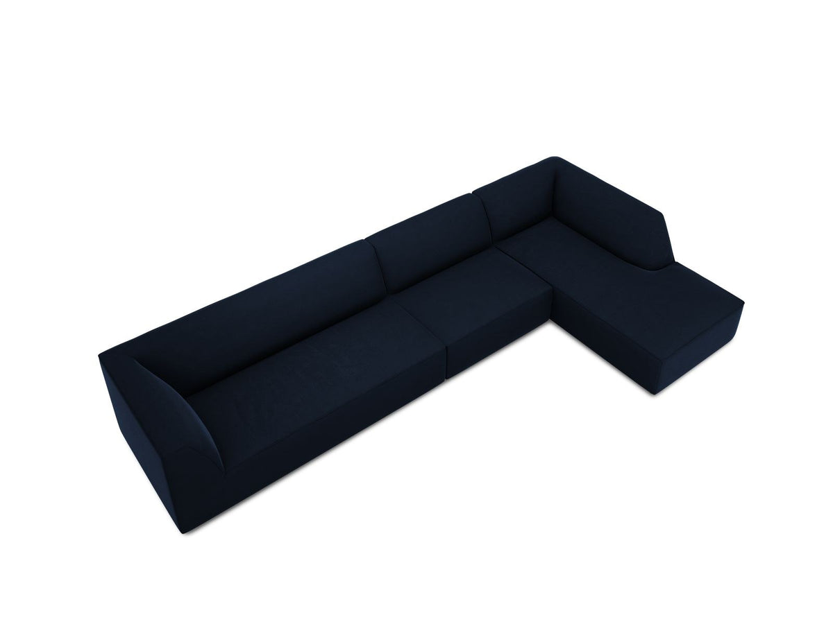 Modulares Ecksofa rechts mit Samtbezug in Beige-Salvador, Récamiere, Massivholzrahmen und schwarzen Kunststoffbeinen, 5-Sitzer Ausführung.