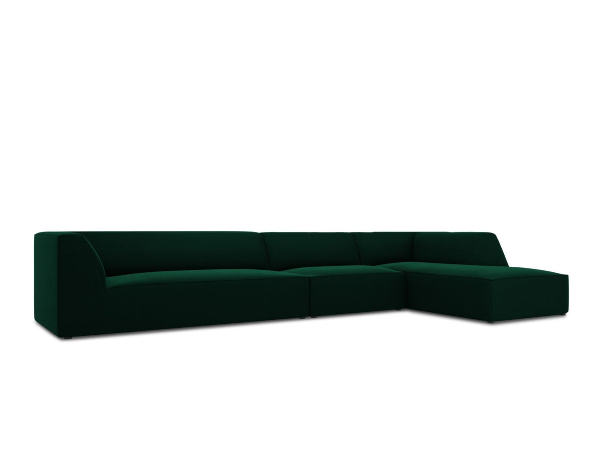 Modulares Ecksofa rechts mit Samtbezug in Beige-Salvador, Récamiere, Massivholzrahmen und schwarzen Kunststoffbeinen, 5-Sitzer Ausführung.