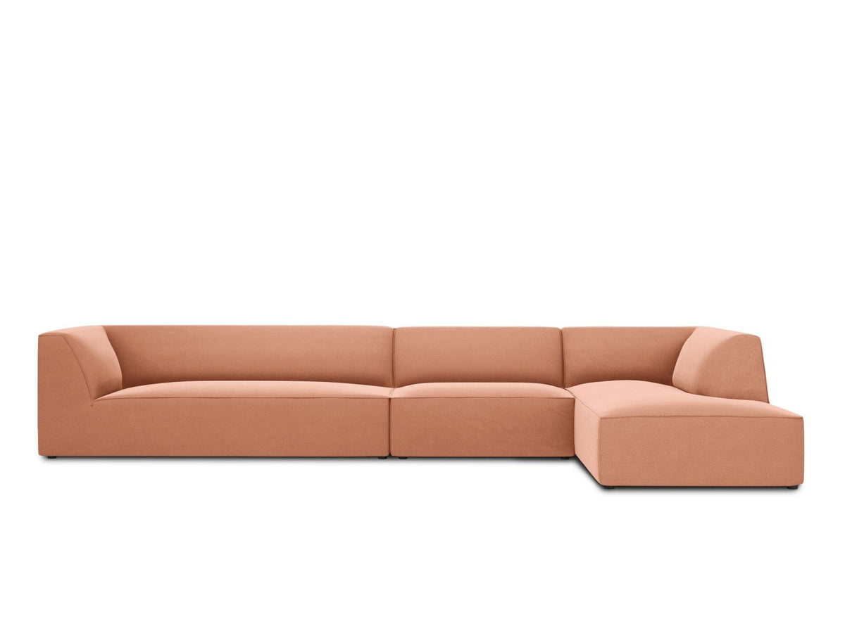 Modulares Ecksofa rechts mit Samtbezug in Beige-Salvador, Récamiere, Massivholzrahmen und schwarzen Kunststoffbeinen, 5-Sitzer Ausführung.