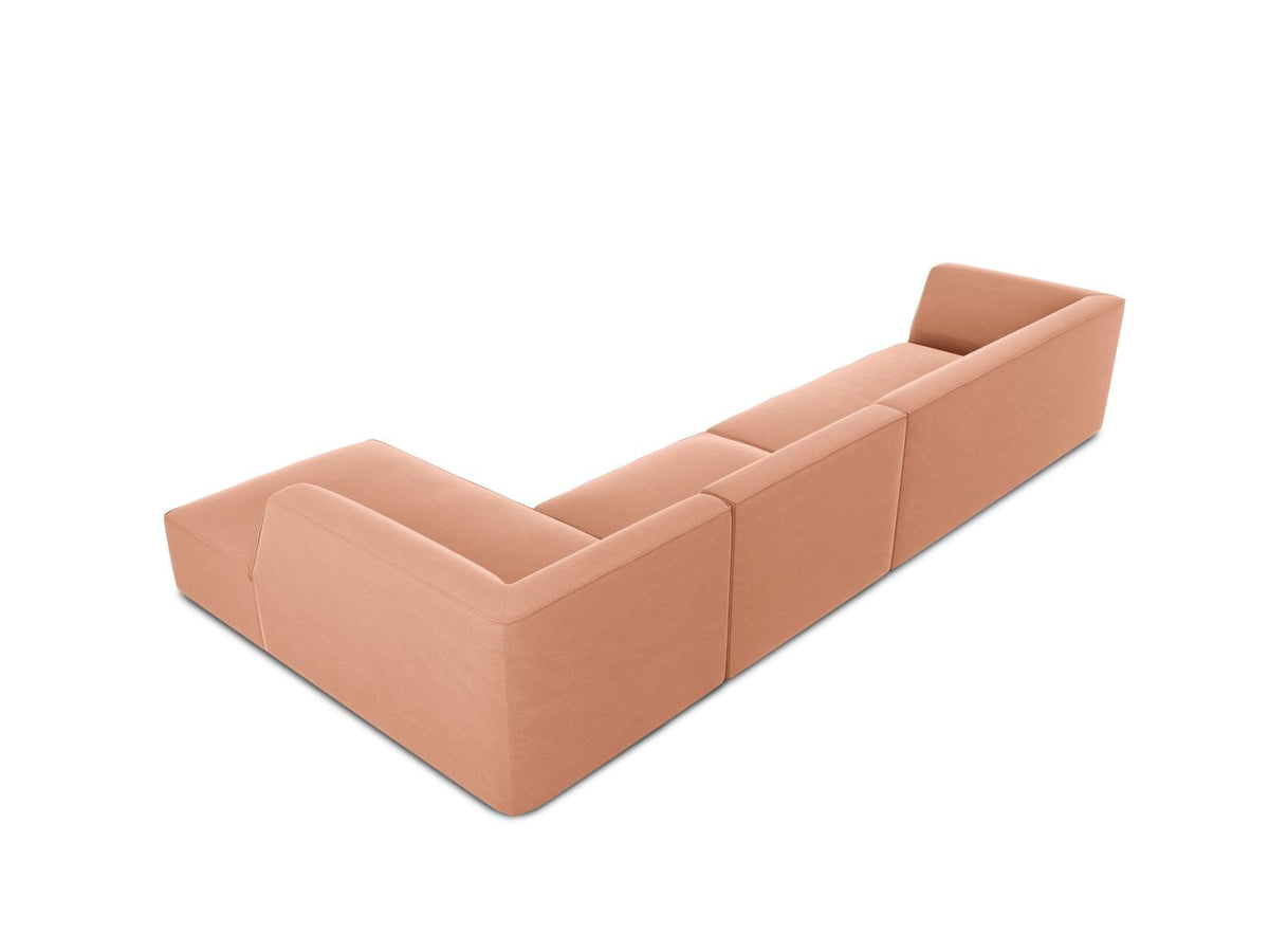 Modulares Ecksofa rechts mit Samtbezug in Beige-Salvador, Récamiere, Massivholzrahmen und schwarzen Kunststoffbeinen, 5-Sitzer Ausführung.