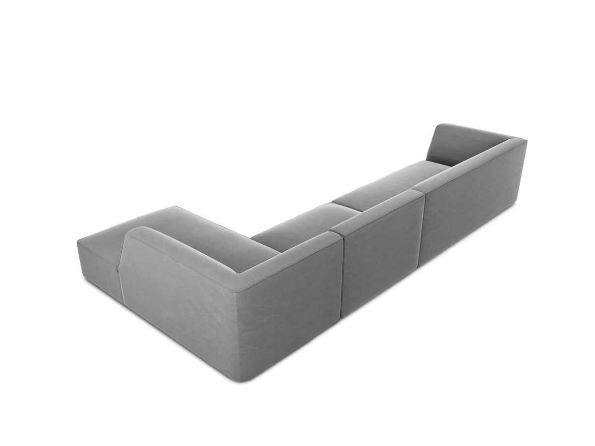 Modulares Ecksofa rechts mit Samtbezug in Beige-Salvador, Récamiere, Massivholzrahmen und schwarzen Kunststoffbeinen, 5-Sitzer Ausführung.