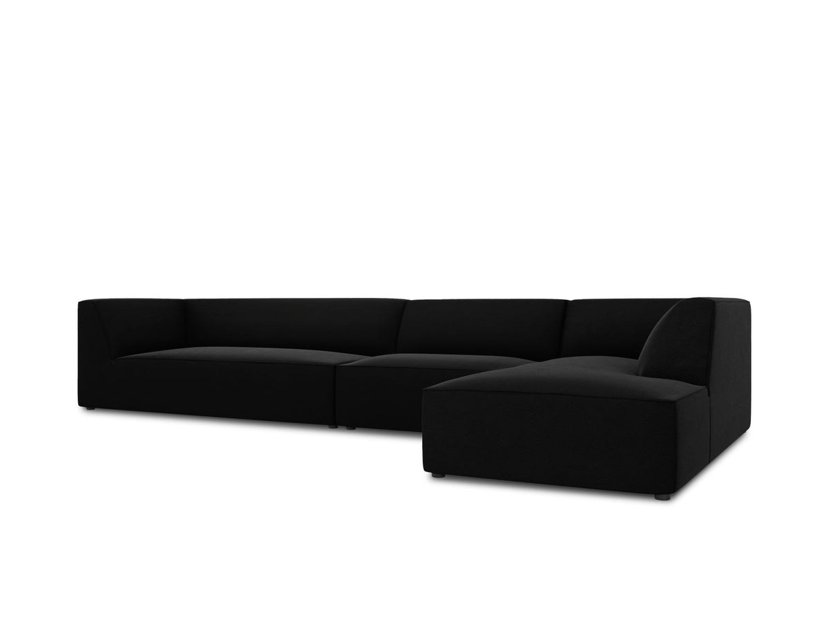 Modulares Ecksofa rechts mit Samtbezug in Beige-Salvador, Récamiere, Massivholzrahmen und schwarzen Kunststoffbeinen, 5-Sitzer Ausführung.