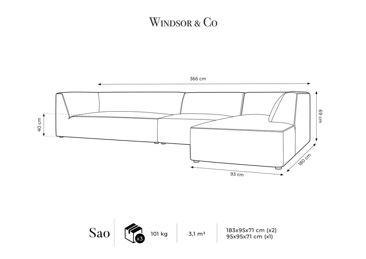 Modulares Ecksofa rechts mit Samtbezug in Beige-Salvador, Récamiere, Massivholzrahmen und schwarzen Kunststoffbeinen, 5-Sitzer Ausführung.