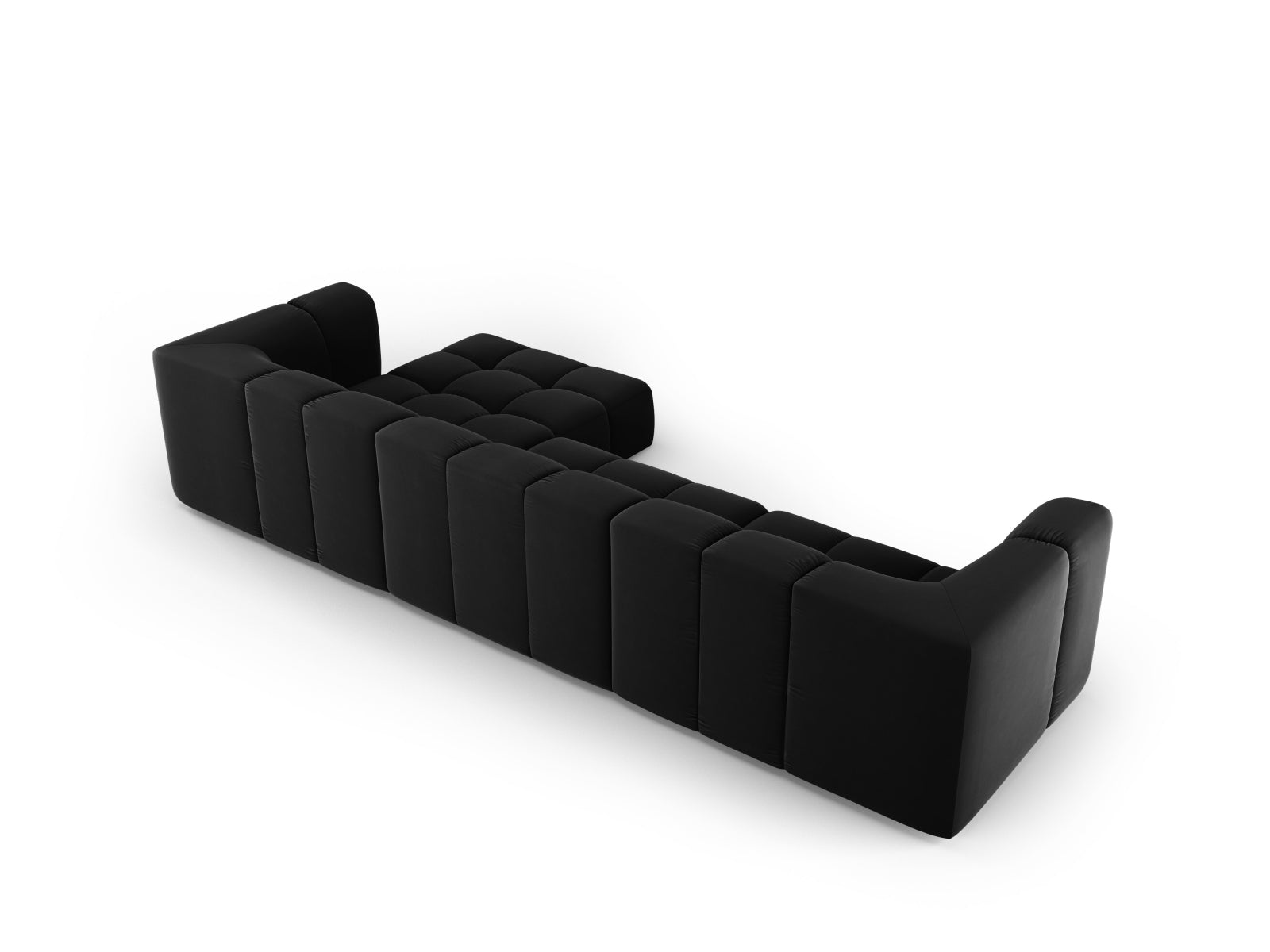 Modulares 5-Sitzer Ecksofa Moritz in edlem Black-Bluvel, perfekt für stilvolle Wohnzimmer und entspannte Abende, von Cosmopolitan Design.