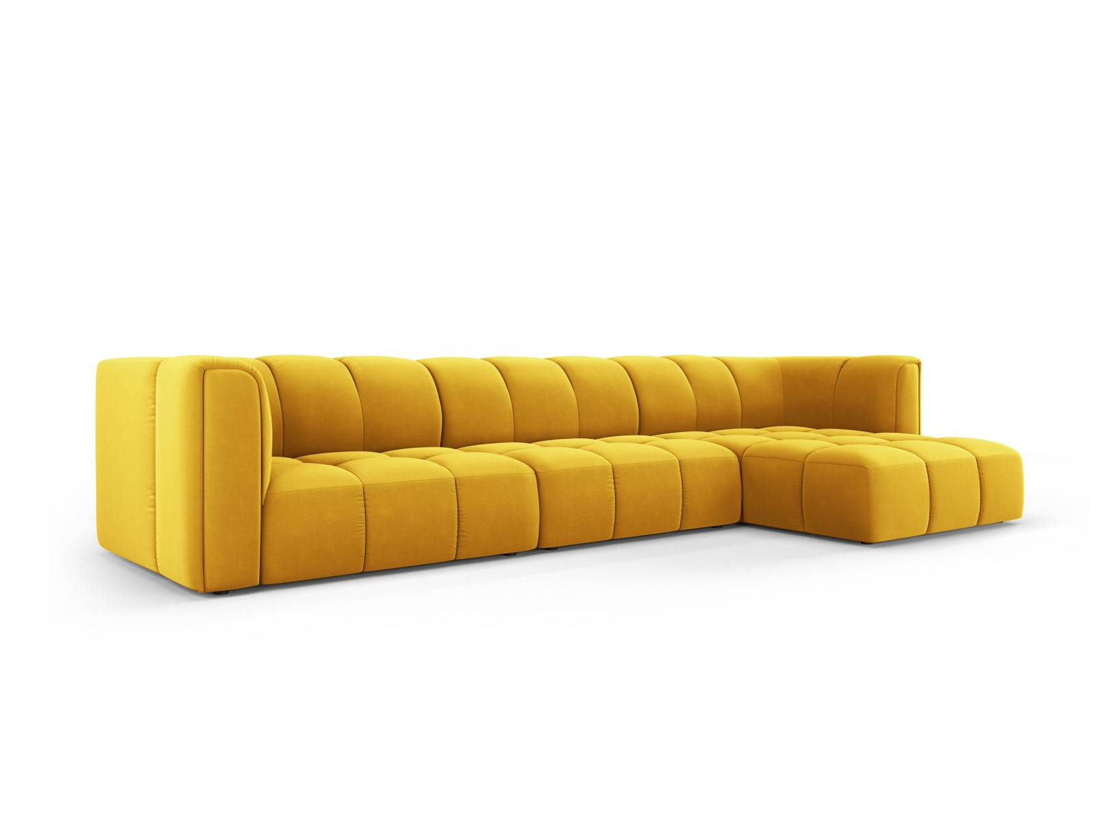 Modulares 5-Sitzer Ecksofa Moritz in stilvollem Gelb-Bluvel, ideal für moderne Wohnräume, präsentiert von Cosmopolitan Design.