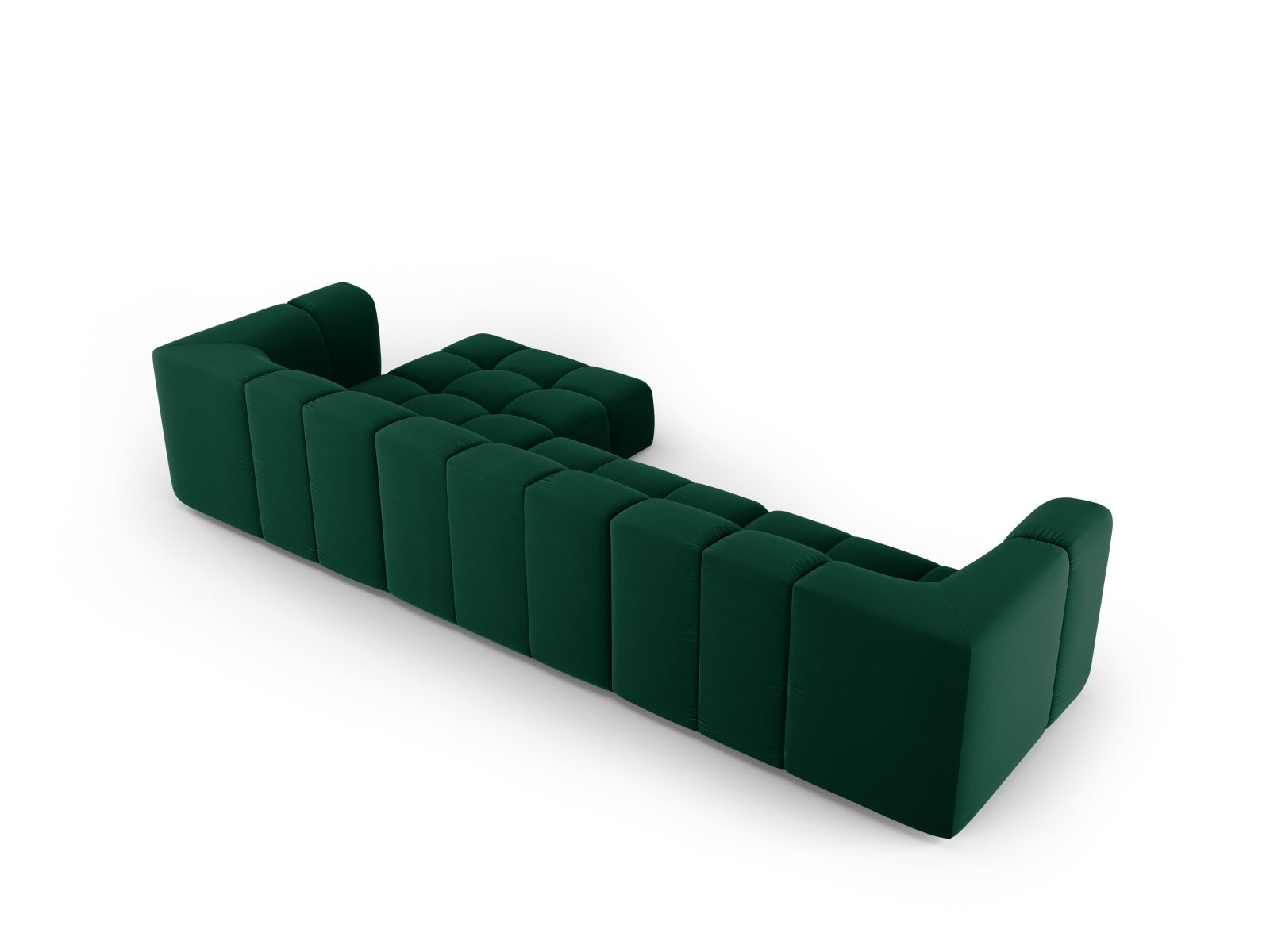 Modulares 5-Sitzer Ecksofa Moritz in edlem Bottle Green-Bluvel, perfekt für moderne Wohnkonzepte und gemütliche Entspannung.