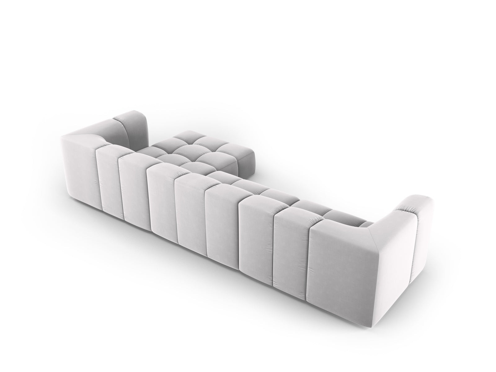 Modulares 5-Sitzer Ecksofa Moritz in zeitgemäßem Silver-Bluvel, perfekt für stilvolle Wohnzimmer und vielseitige Nutzung.
