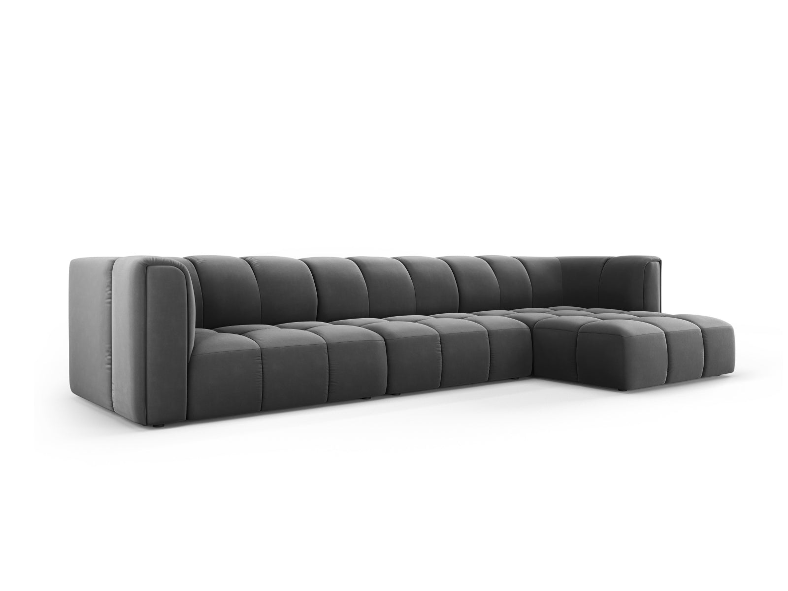 Elegantes 5-Sitzer Ecksofa Moritz in Grau-Bluvel, ideal für moderne Wohnräume, präsentiert von Cosmopolitan Design.