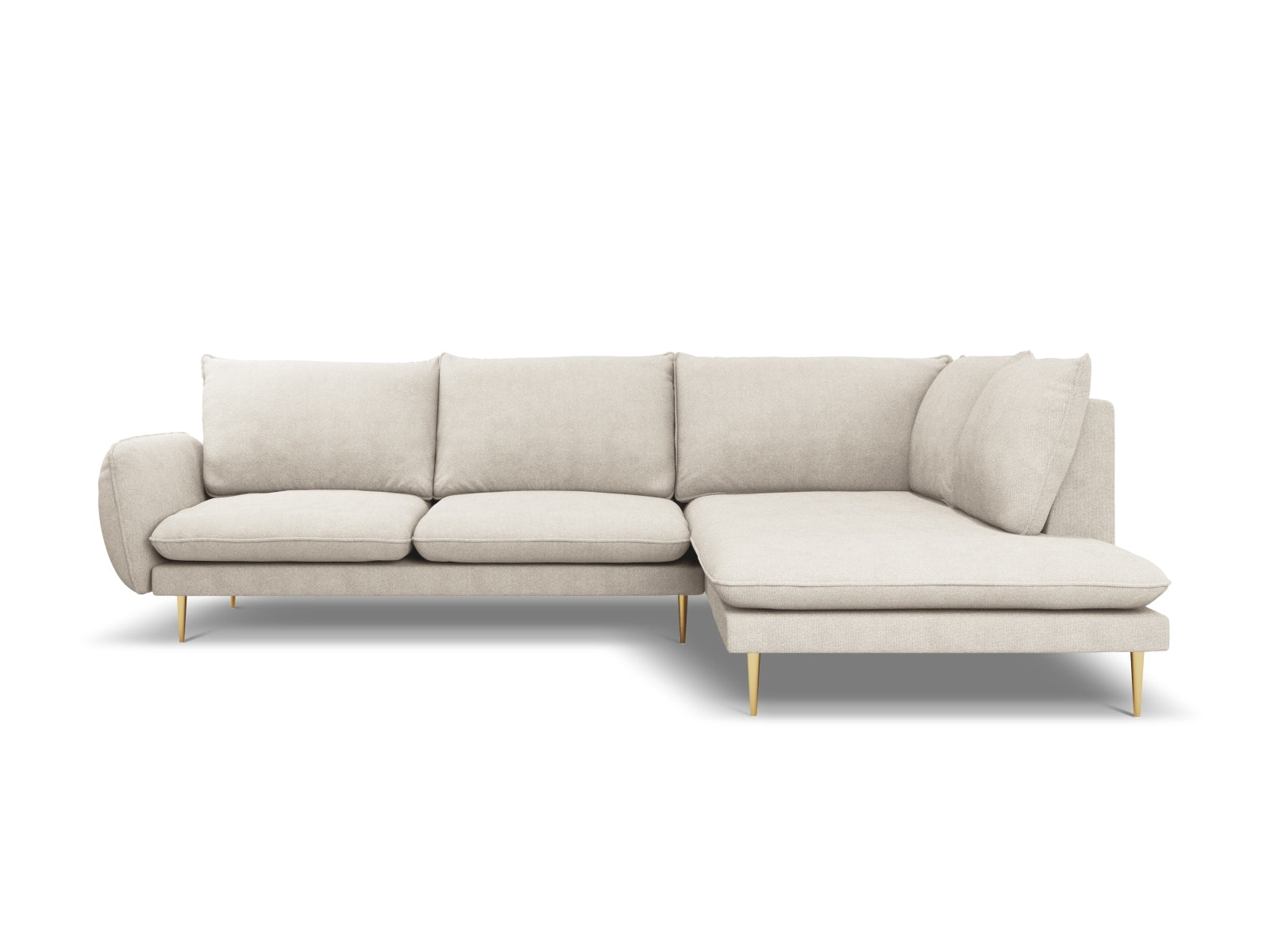 Elegantes Vienna Ecksofa rechts, 6 Sitzer, 185 cm, in sanftem Light Beige mit goldenen Akzenten, ideal für stilvolle Wohnräume.