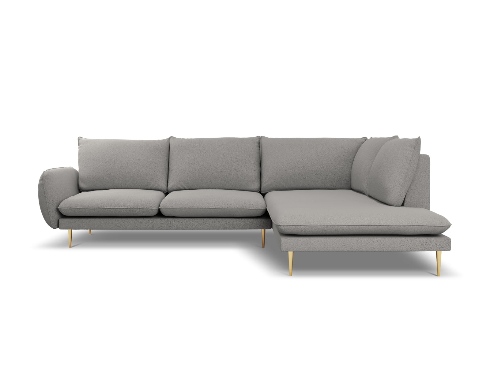 Elegantes Vienna Boucle Ecksofa in Grau mit goldenen Akzenten, ideal für stilvolle Wohnräume. 6-Sitzer, 185 cm, von Cosmopolitan Design.