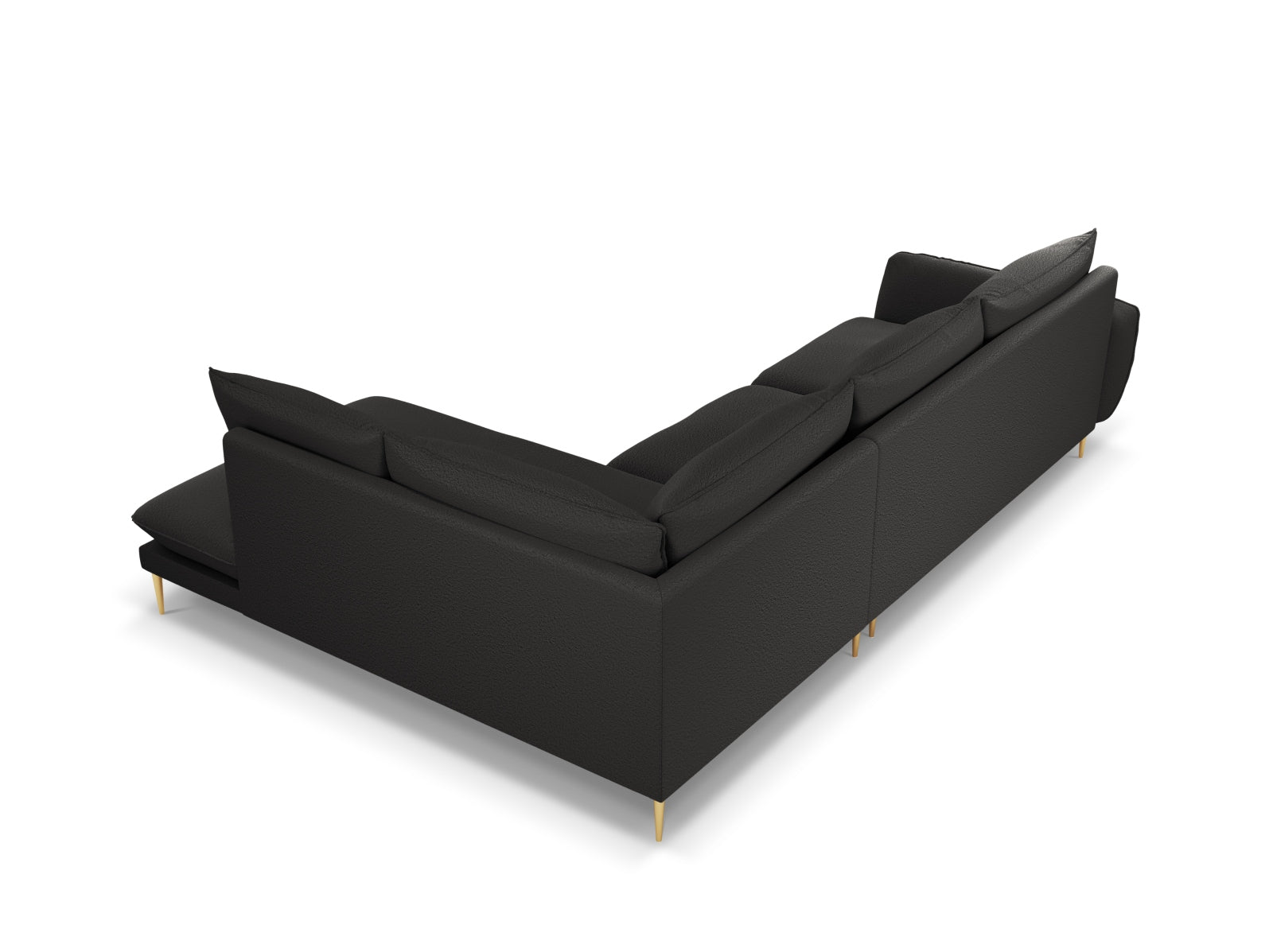 Modernes 6-Sitzer Ecksofa in Boucle-Optik, rechtsseitig, in Schwarz mit goldenen Details, perfekt für ein elegantes Ambiente.