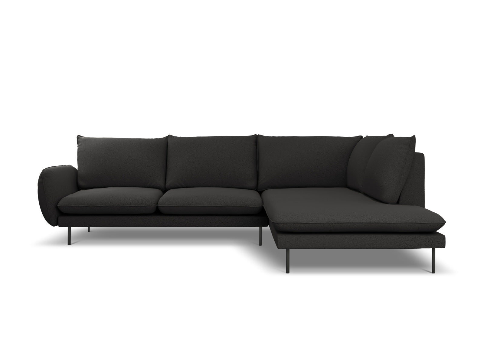 Elegantes Vienna Boucle Ecksofa in Schwarz, 6-Sitzer, 185 cm, ideal für stilvolle Wohnräume, präsentiert von Cosmopolitan Design.