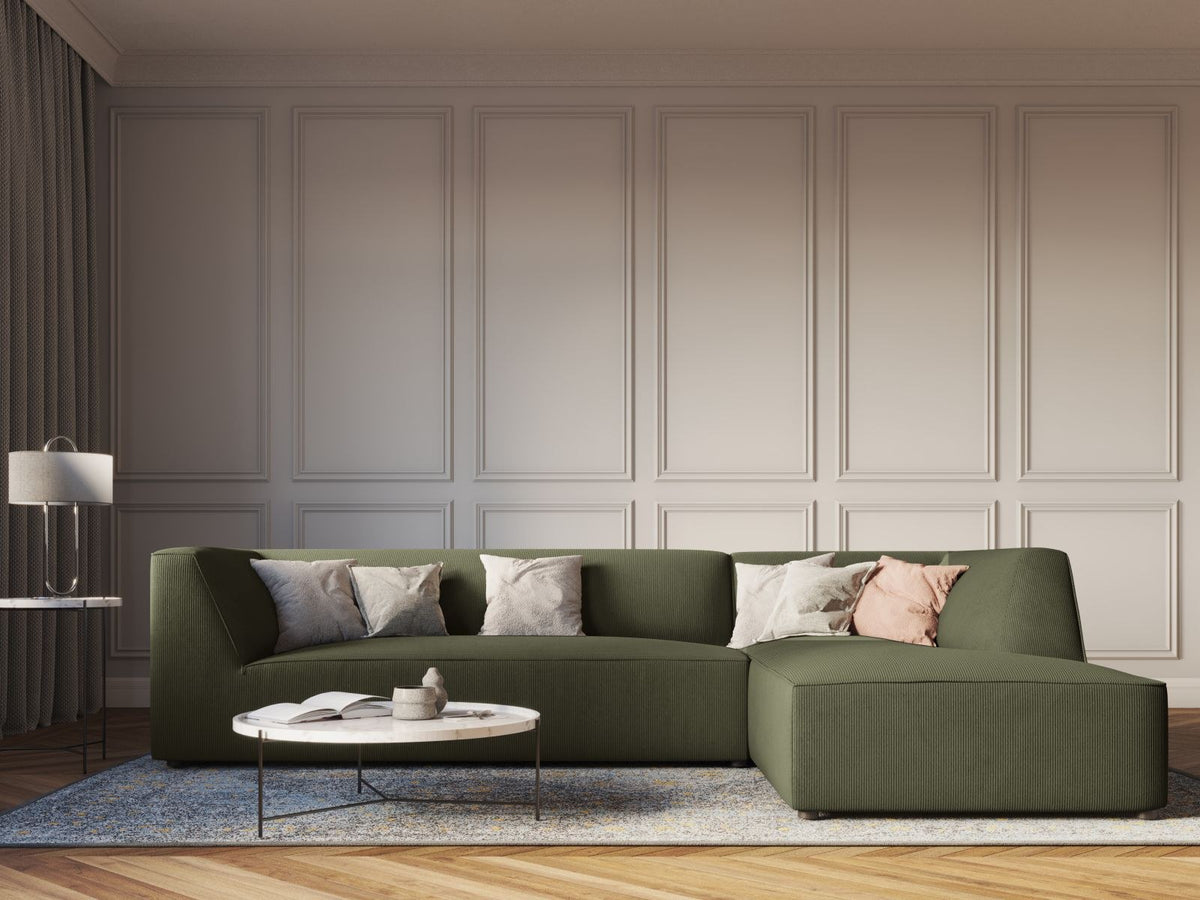 Modulares Ecksofa Siena in Light Grey-Ottawa mit Récamiere, Massivholzrahmen und schwarzen Kunststoffbeinen, 4-Sitzer, Breite 273 cm.