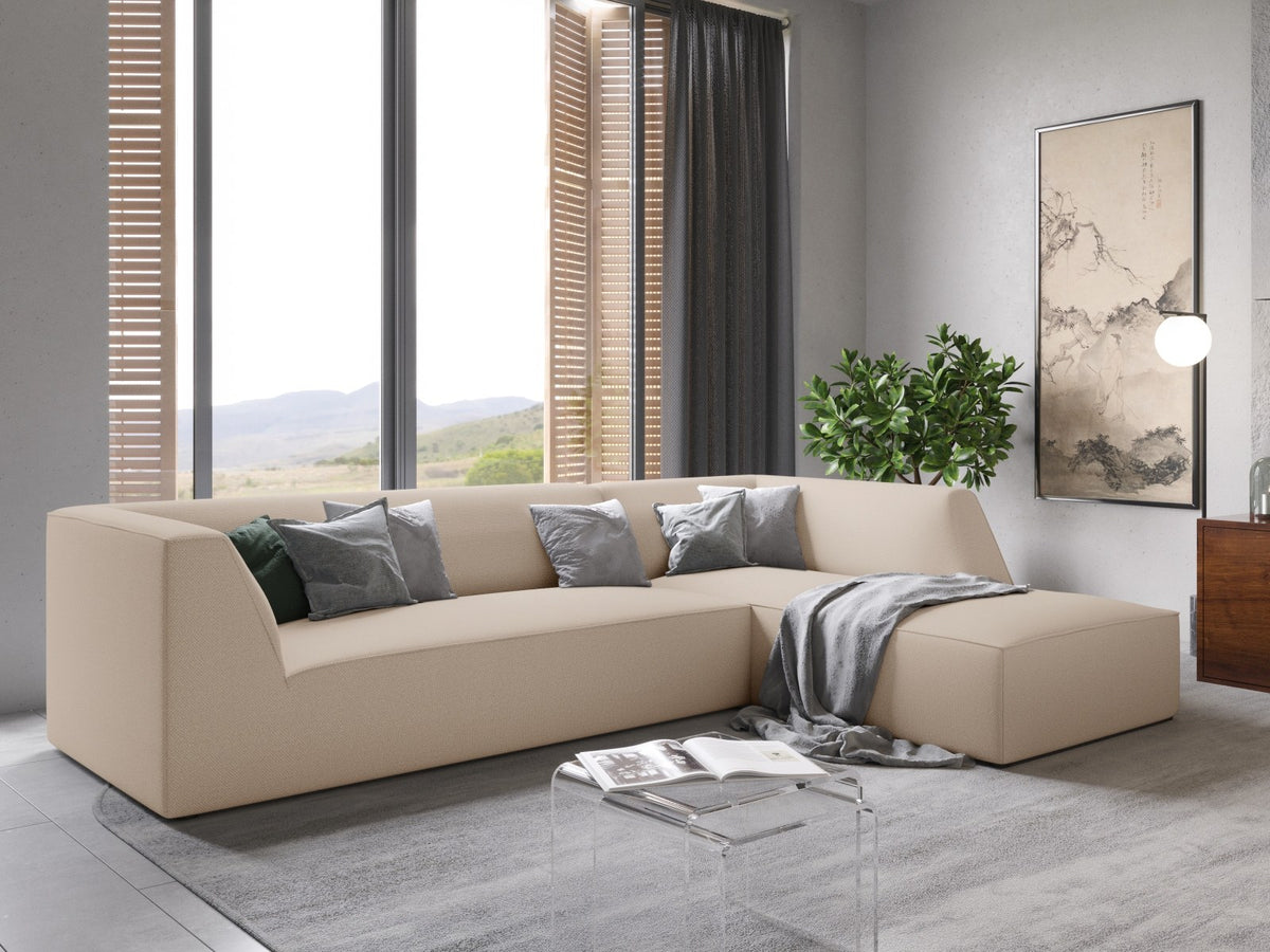 Modulares Ecksofa Siena in Light Grey-Ottawa mit Récamiere, Massivholzrahmen und schwarzen Kunststoffbeinen, 4-Sitzer, Breite 273 cm.