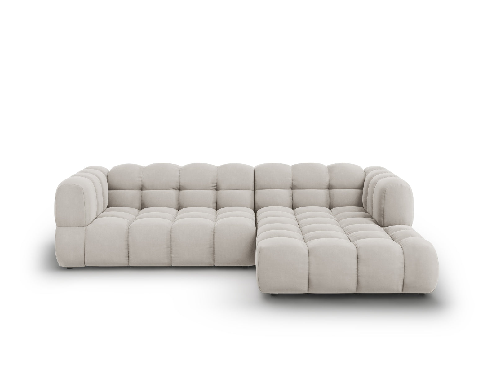 Modulares Ecksofa Sky Velour in hellem Beige, 4-Sitzer, rechte Ausführung, perfekt für moderne und gemütliche Wohnambiente von Cosmopolitan Design.