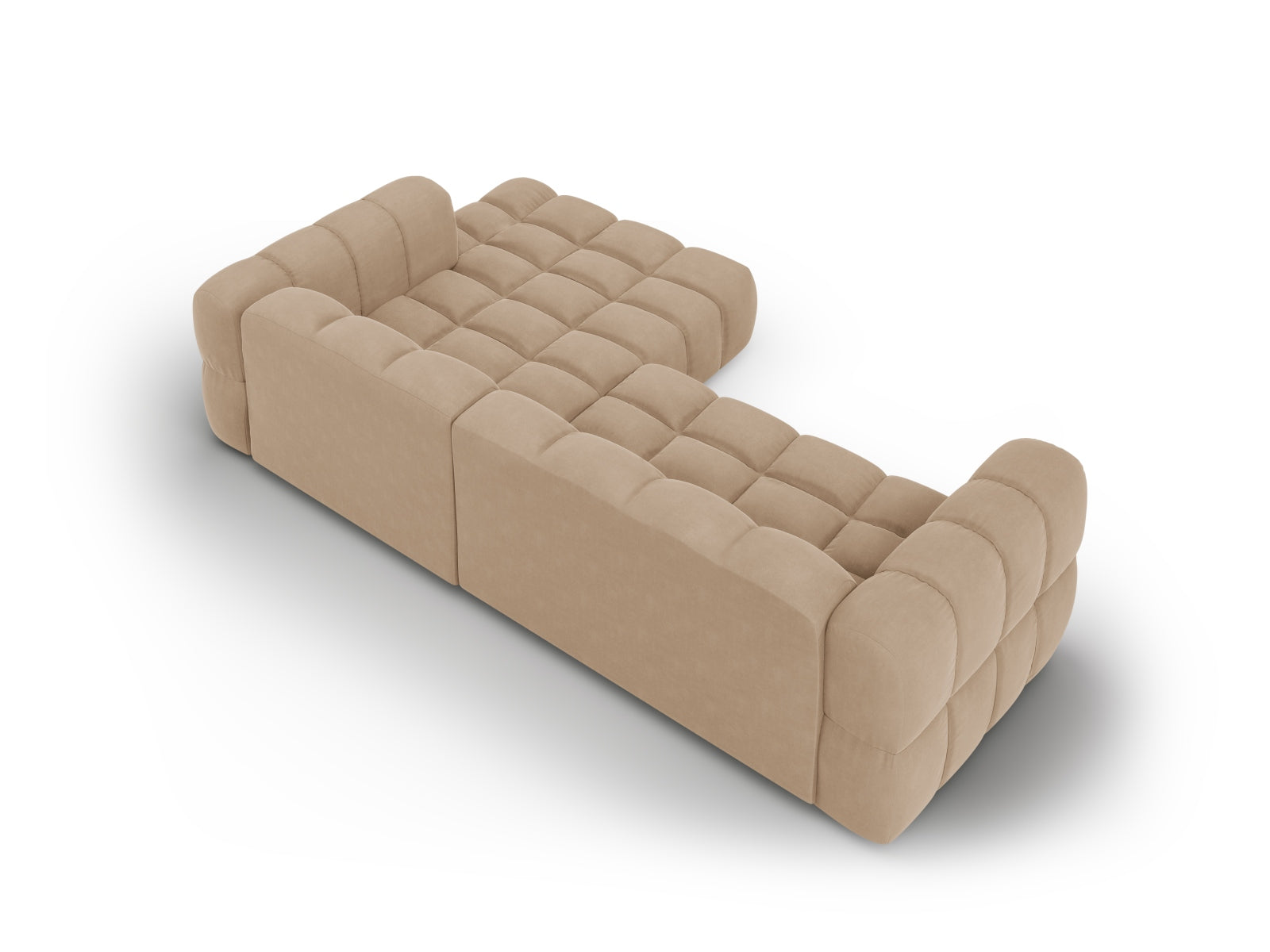 Modulares Ecksofa Sky Velour in Sand-Casino, 4-Sitzer, rechte Ausführung, perfekt für moderne und elegante Wohnkonzepte von Cosmopolitan Design.