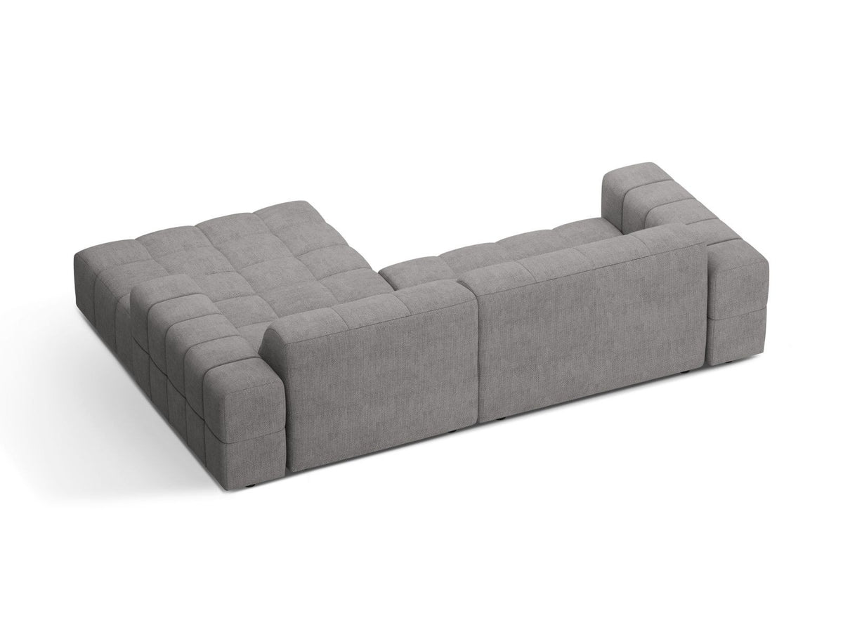 Ecksofa Chicago mit hellbeigem Chenillestoff Eden, schwarzen Kunststoffbeinen und breiter Récamiere, rechtsseitig ausgerichtet, 3-Sitzer.