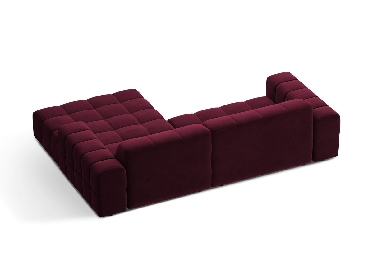 Chicago Samt-Ecksofa rechts 3-Sitzer in Light Beige-Venus mit Récamiere, Massivholzrahmen, schwarzen Kunststoffbeinen und plüschigem Samtbezug.