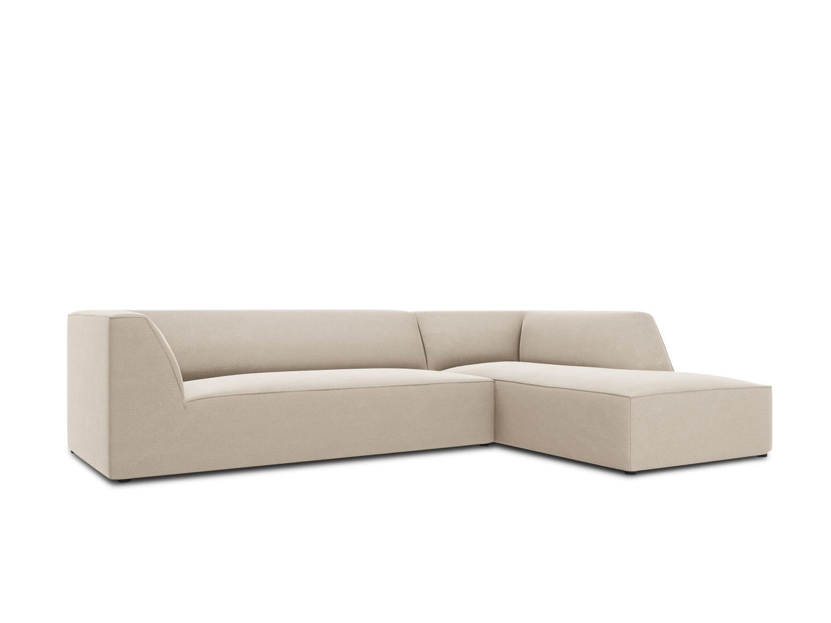 Modulares Ecksofa rechts Siena in Beige-Salvador Samtstoff mit schwarzen Kunststoffbeinen, Récamiere und Massivholzrahmen, 4-Sitzer, 180 cm.