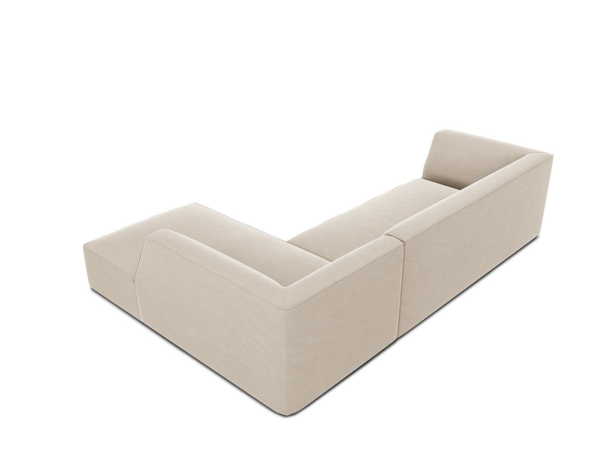 Modulares Ecksofa rechts Siena in Beige-Salvador Samtstoff mit schwarzen Kunststoffbeinen, Récamiere und Massivholzrahmen, 4-Sitzer, 180 cm.