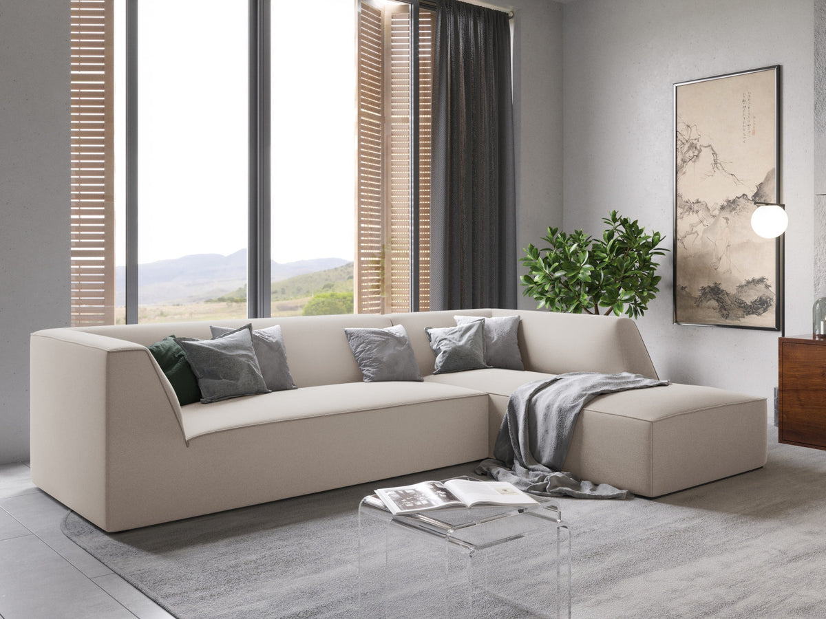 Modulares Ecksofa rechts Siena in Beige-Salvador Samtstoff mit schwarzen Kunststoffbeinen, Récamiere und Massivholzrahmen, 4-Sitzer, 180 cm.