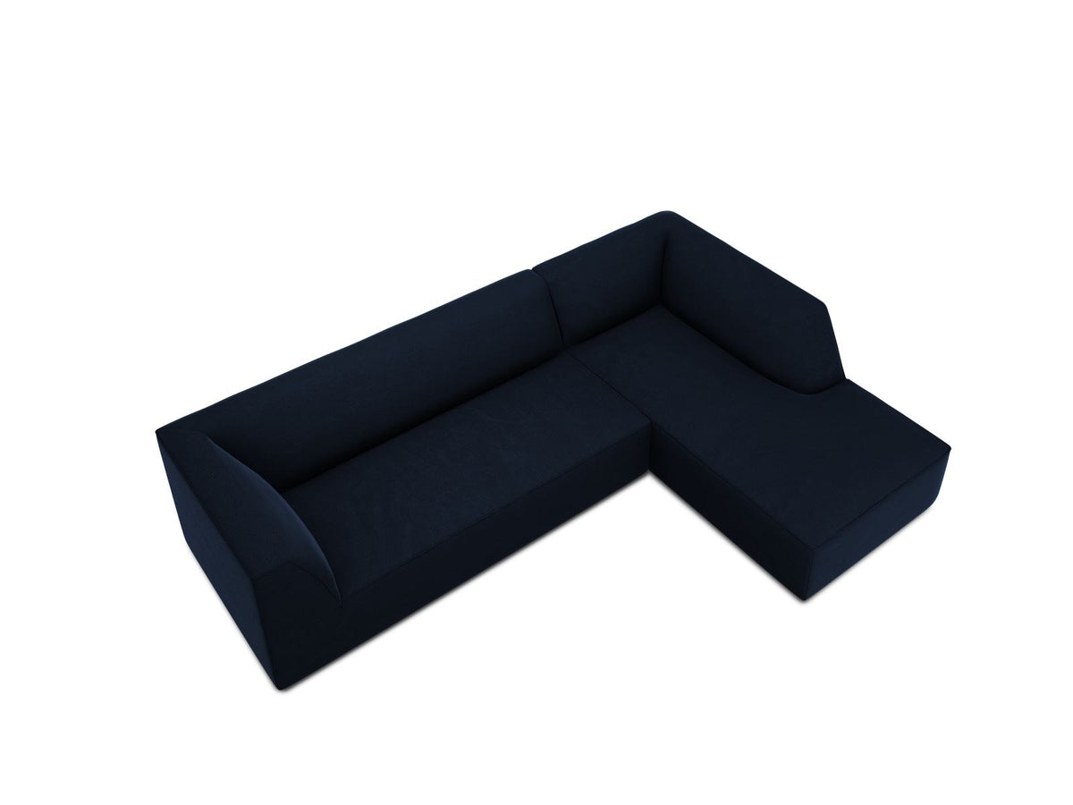 Modulares Ecksofa rechts Siena in Beige-Salvador Samtstoff mit schwarzen Kunststoffbeinen, Récamiere und Massivholzrahmen, 4-Sitzer, 180 cm.