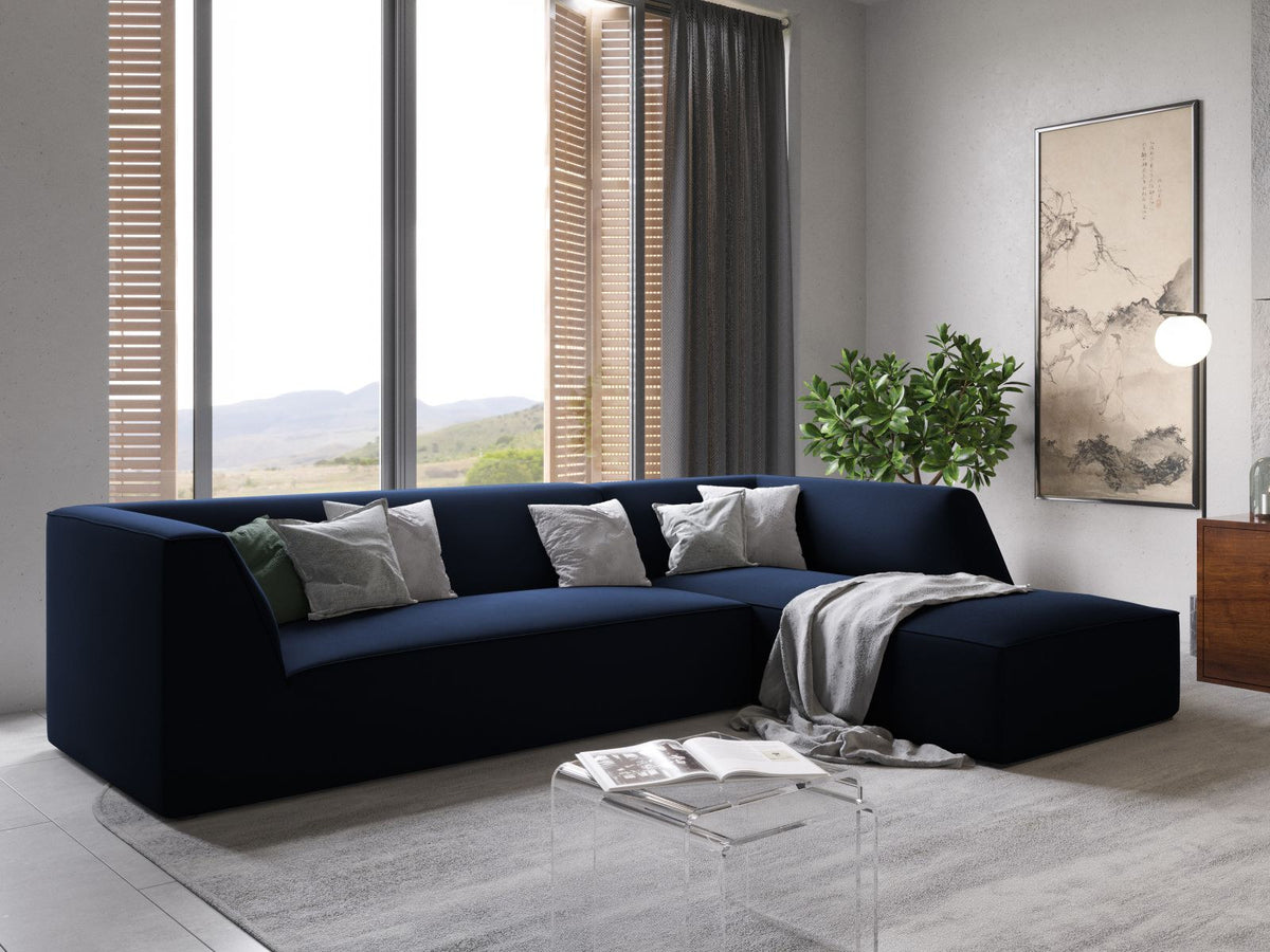 Modulares Ecksofa rechts Siena in Beige-Salvador Samtstoff mit schwarzen Kunststoffbeinen, Récamiere und Massivholzrahmen, 4-Sitzer, 180 cm.