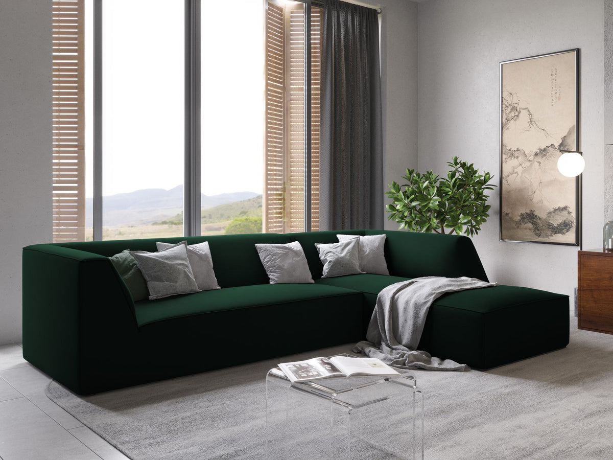 Modulares Ecksofa rechts Siena in Beige-Salvador Samtstoff mit schwarzen Kunststoffbeinen, Récamiere und Massivholzrahmen, 4-Sitzer, 180 cm.
