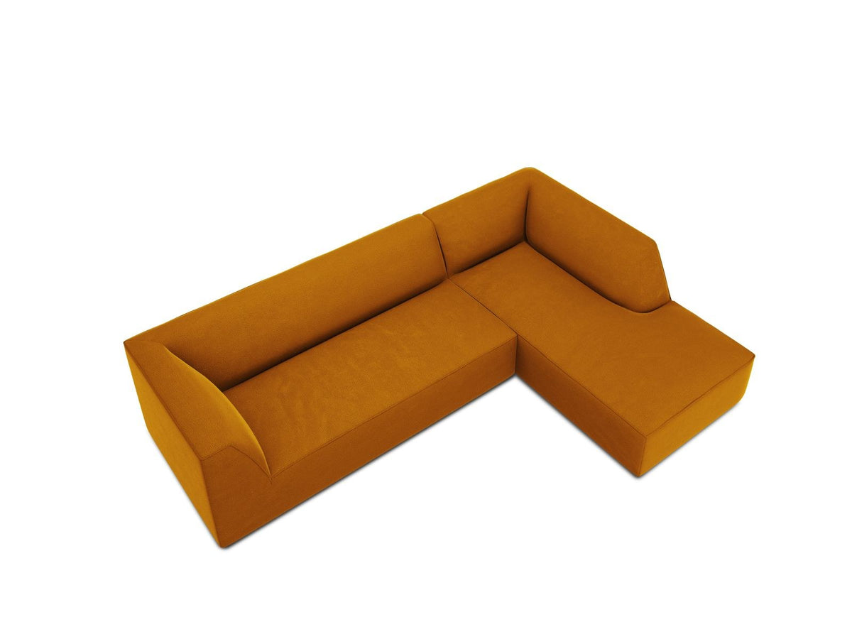 Modulares Ecksofa rechts Siena in Beige-Salvador Samtstoff mit schwarzen Kunststoffbeinen, Récamiere und Massivholzrahmen, 4-Sitzer, 180 cm.
