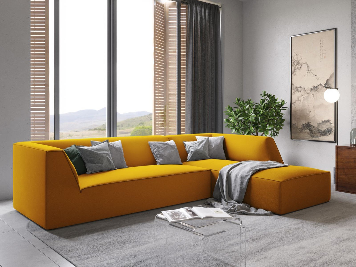 Modulares Ecksofa rechts Siena in Beige-Salvador Samtstoff mit schwarzen Kunststoffbeinen, Récamiere und Massivholzrahmen, 4-Sitzer, 180 cm.
