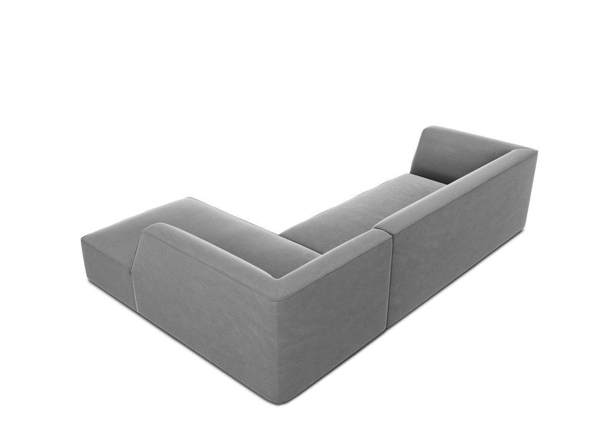 Modulares Ecksofa rechts Siena in Beige-Salvador Samtstoff mit schwarzen Kunststoffbeinen, Récamiere und Massivholzrahmen, 4-Sitzer, 180 cm.