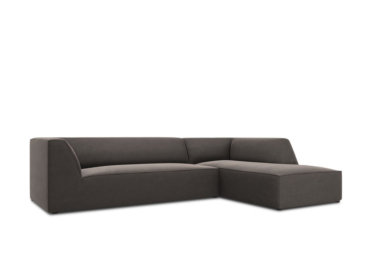 Modulares Ecksofa rechts Siena in Beige-Salvador Samtstoff mit schwarzen Kunststoffbeinen, Récamiere und Massivholzrahmen, 4-Sitzer, 180 cm.