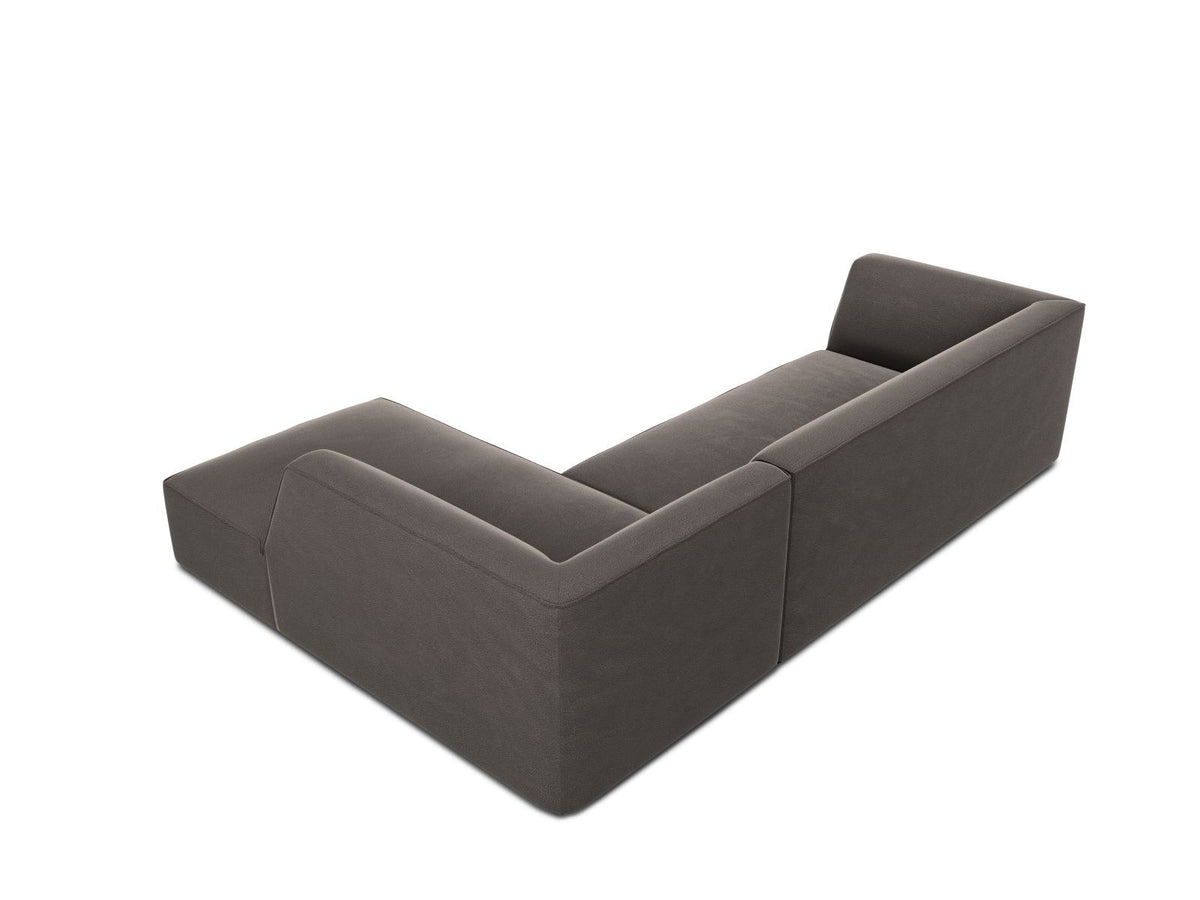 Modulares Ecksofa rechts Siena in Beige-Salvador Samtstoff mit schwarzen Kunststoffbeinen, Récamiere und Massivholzrahmen, 4-Sitzer, 180 cm.