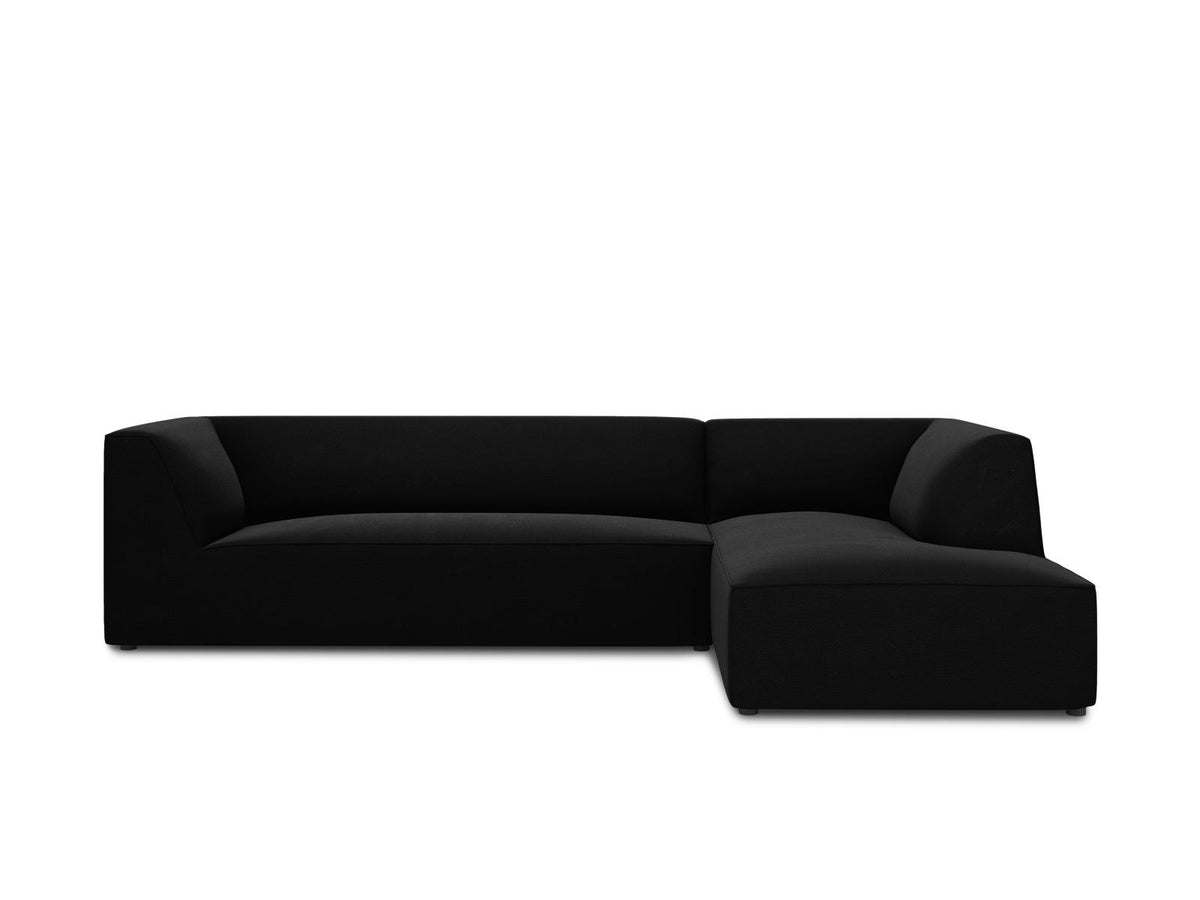 Modulares Ecksofa rechts Siena in Beige-Salvador Samtstoff mit schwarzen Kunststoffbeinen, Récamiere und Massivholzrahmen, 4-Sitzer, 180 cm.