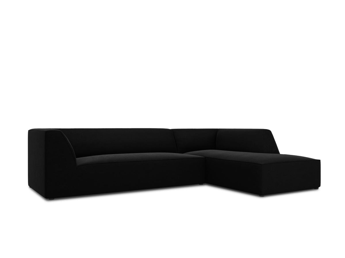 Modulares Ecksofa rechts Siena in Beige-Salvador Samtstoff mit schwarzen Kunststoffbeinen, Récamiere und Massivholzrahmen, 4-Sitzer, 180 cm.