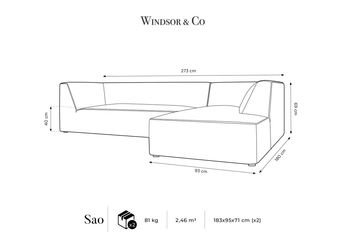 Modulares Ecksofa rechts Siena in Beige-Salvador Samtstoff mit schwarzen Kunststoffbeinen, Récamiere und Massivholzrahmen, 4-Sitzer, 180 cm.