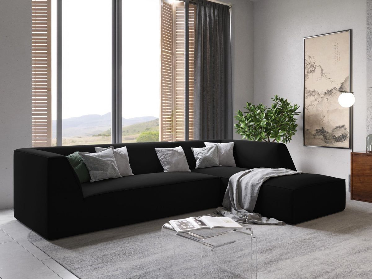 Modulares Ecksofa rechts Siena in Beige-Salvador Samtstoff mit schwarzen Kunststoffbeinen, Récamiere und Massivholzrahmen, 4-Sitzer, 180 cm.