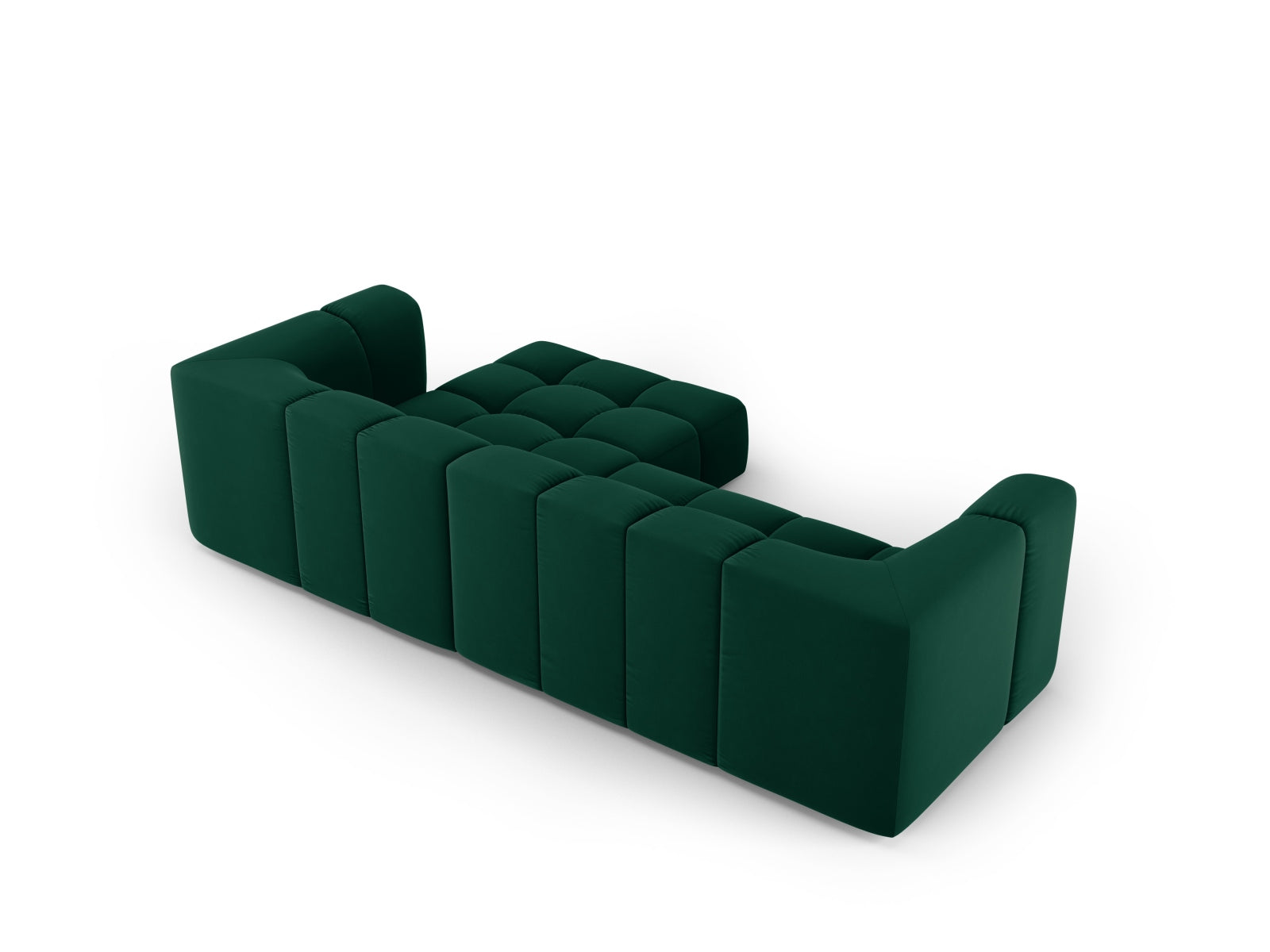Modulares 3-Sitzer Ecksofa Moritz in edlem Bottle Green-Bluvel, perfekt für moderne Wohnkonzepte und gemütliche Entspannung.