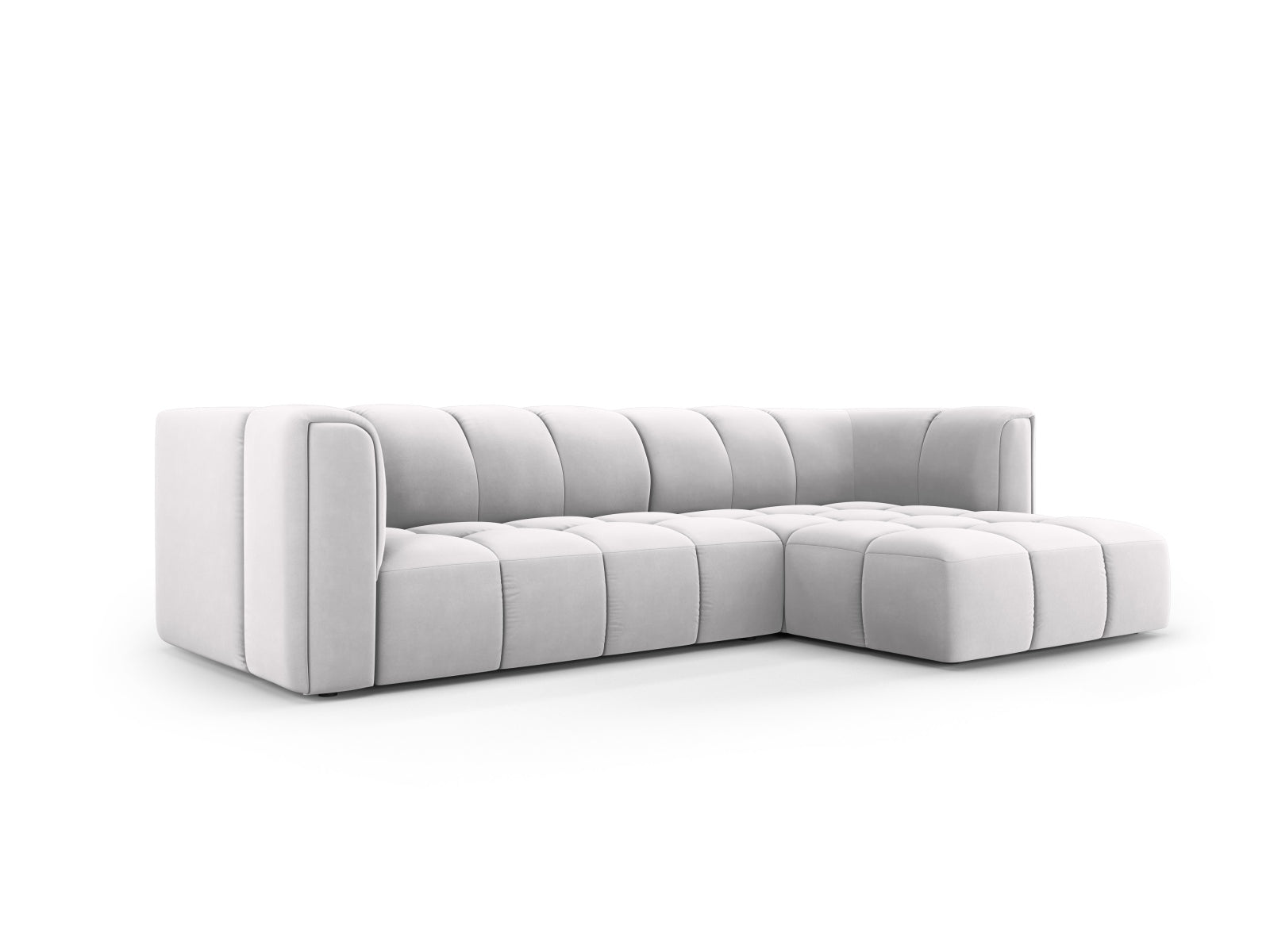 Elegantes 3-Sitzer Ecksofa Moritz in Silver-Bluvel, ideal für moderne Wohnräume, mit modularer Bauweise für flexible Gestaltung.