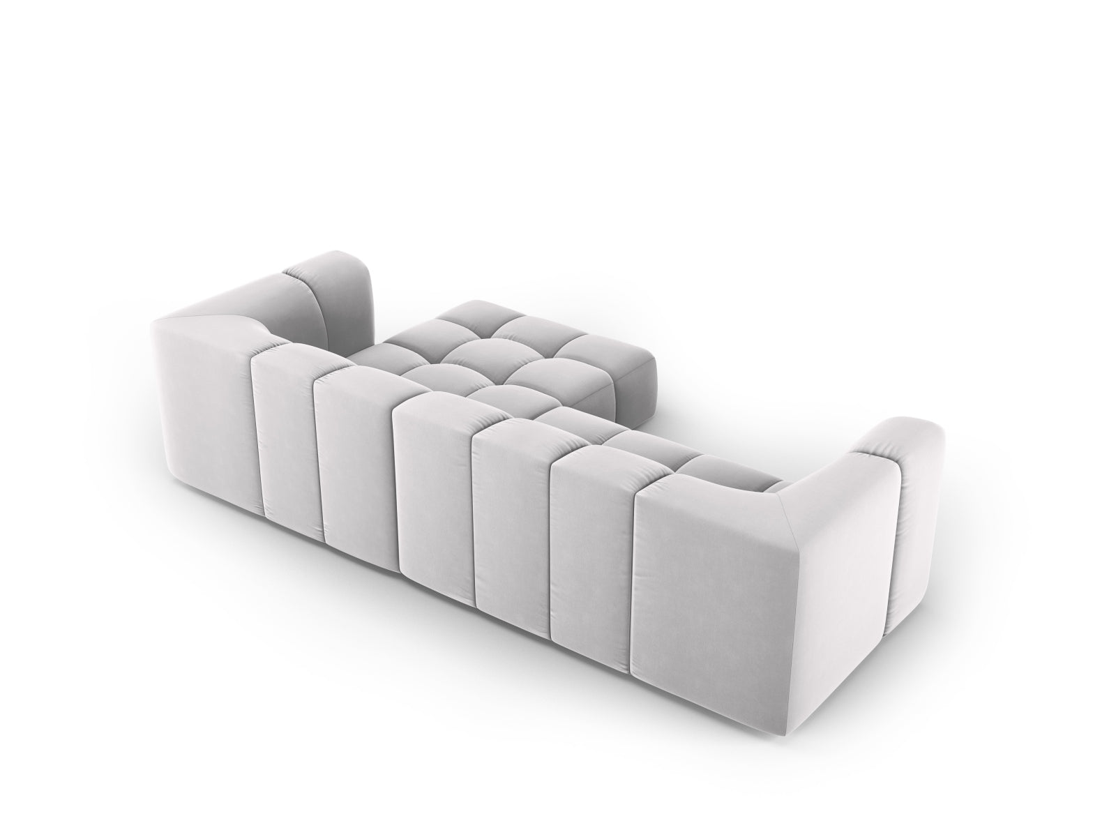 Modulares 3-Sitzer Ecksofa Moritz in stilvollem Silver-Bluvel, perfekt für zeitgemäße Interiors, bietet vielseitige Anordnungsmöglichkeiten.